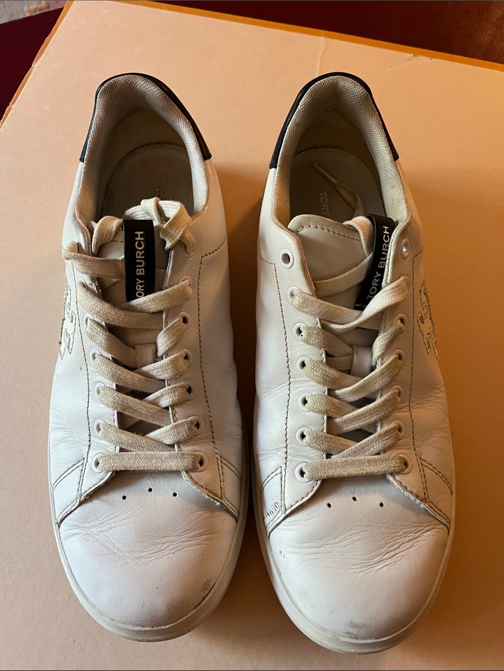 Tory Burch Cream Leather Low-Top Sneakers with Black Heel Tab, size 9, woman